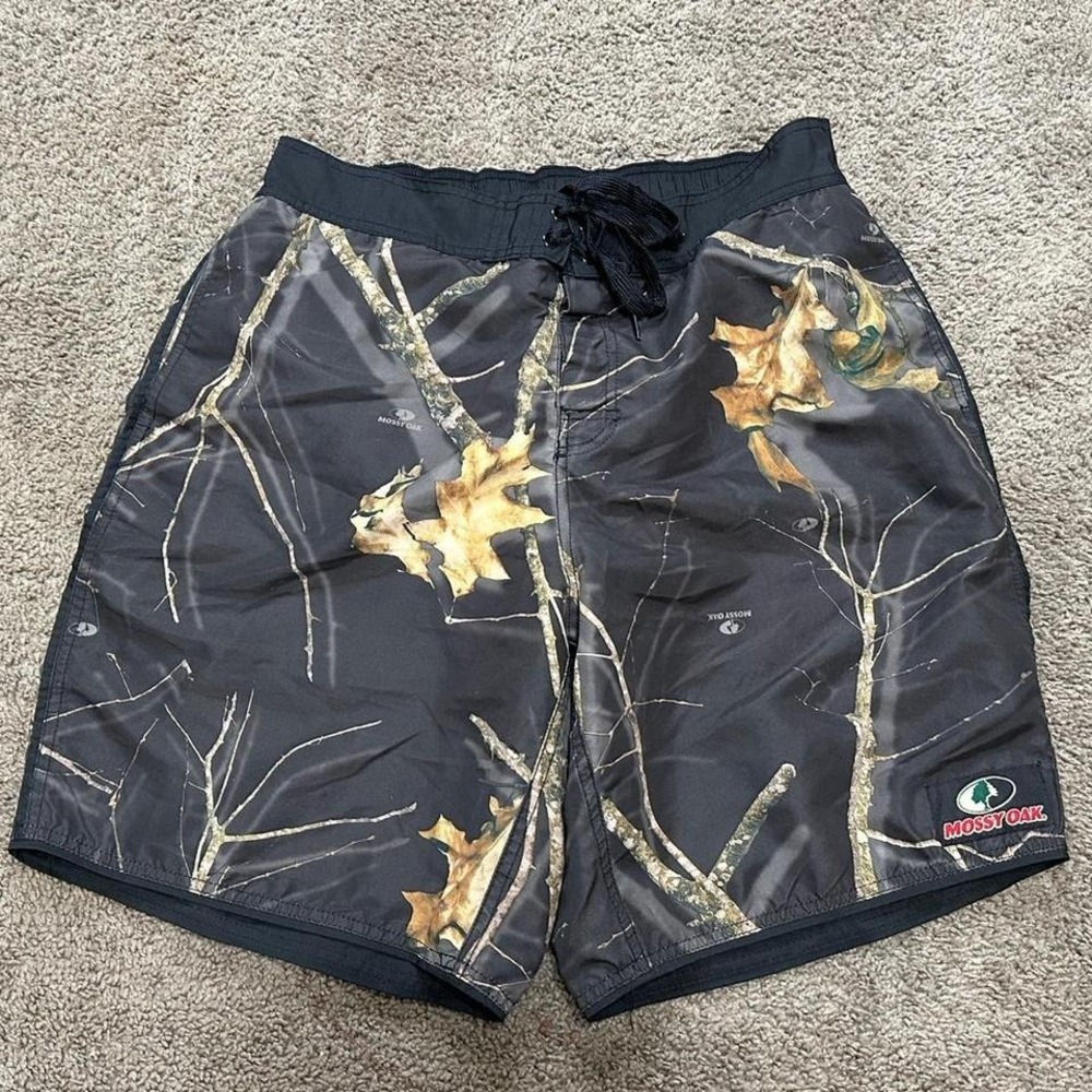 Mossy Oak Gray Brown Camo Leaves Lined Board Shorts Swim Trunks Mens‎ Size XL